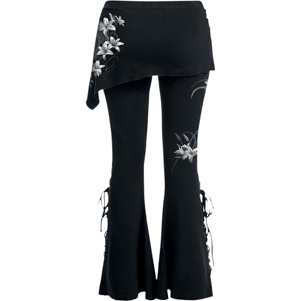 Back view of Pure Of Heart gothic  2in1 Boot-Cut Leggings with Micro Slant Skirt in Black by Spiral Clothing