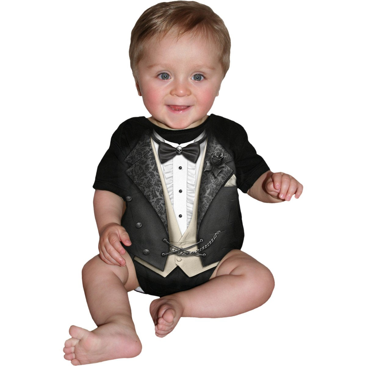 Tuxed gothic Baby Sleepsuit in Black by Spiral Clothing worn by a baby