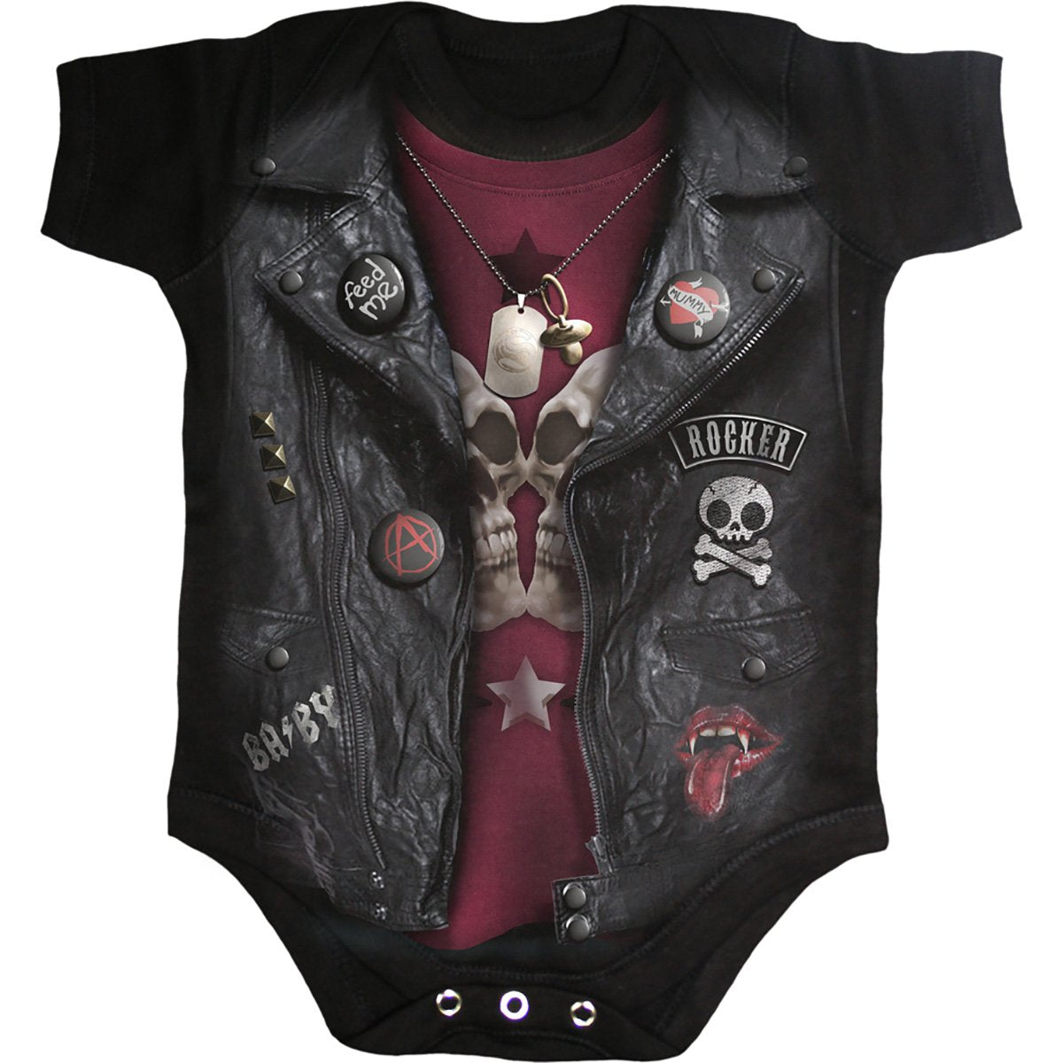 Baby Biker gothic Kids Baby Sleepsuit in Black by Spiral Clothing - Front view