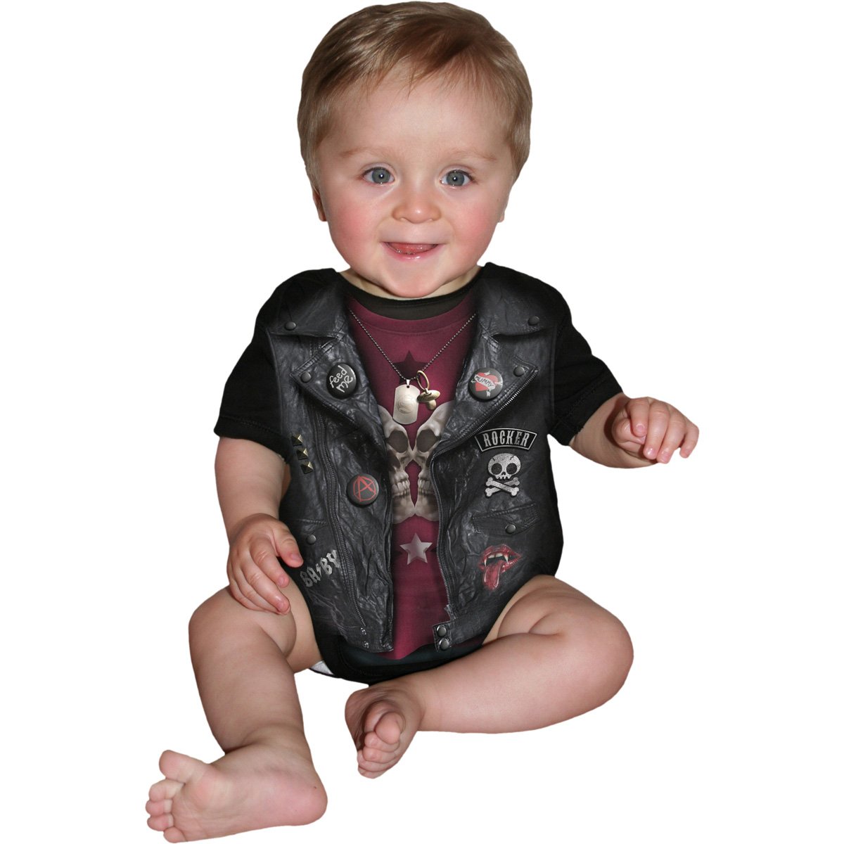 Baby Biker gothic  Baby Sleepsuit in Black by Spiral Clothing worn by a baby