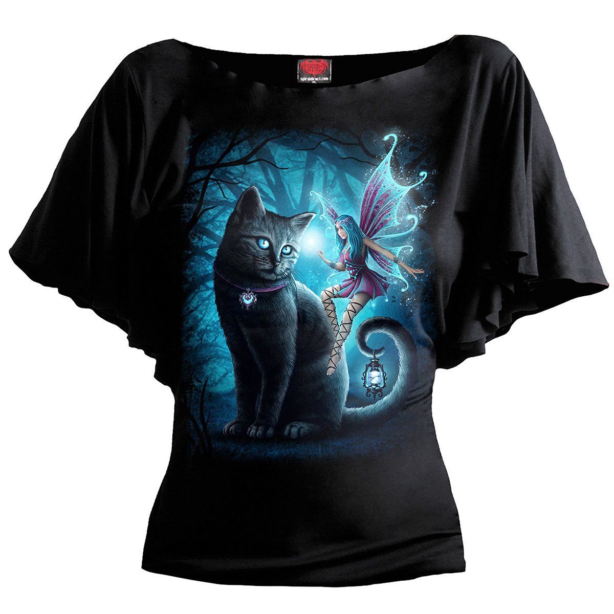 Cat And Fairy gothic Boat Neck Bat Sleeve Top in Black by Spiral Clothing 