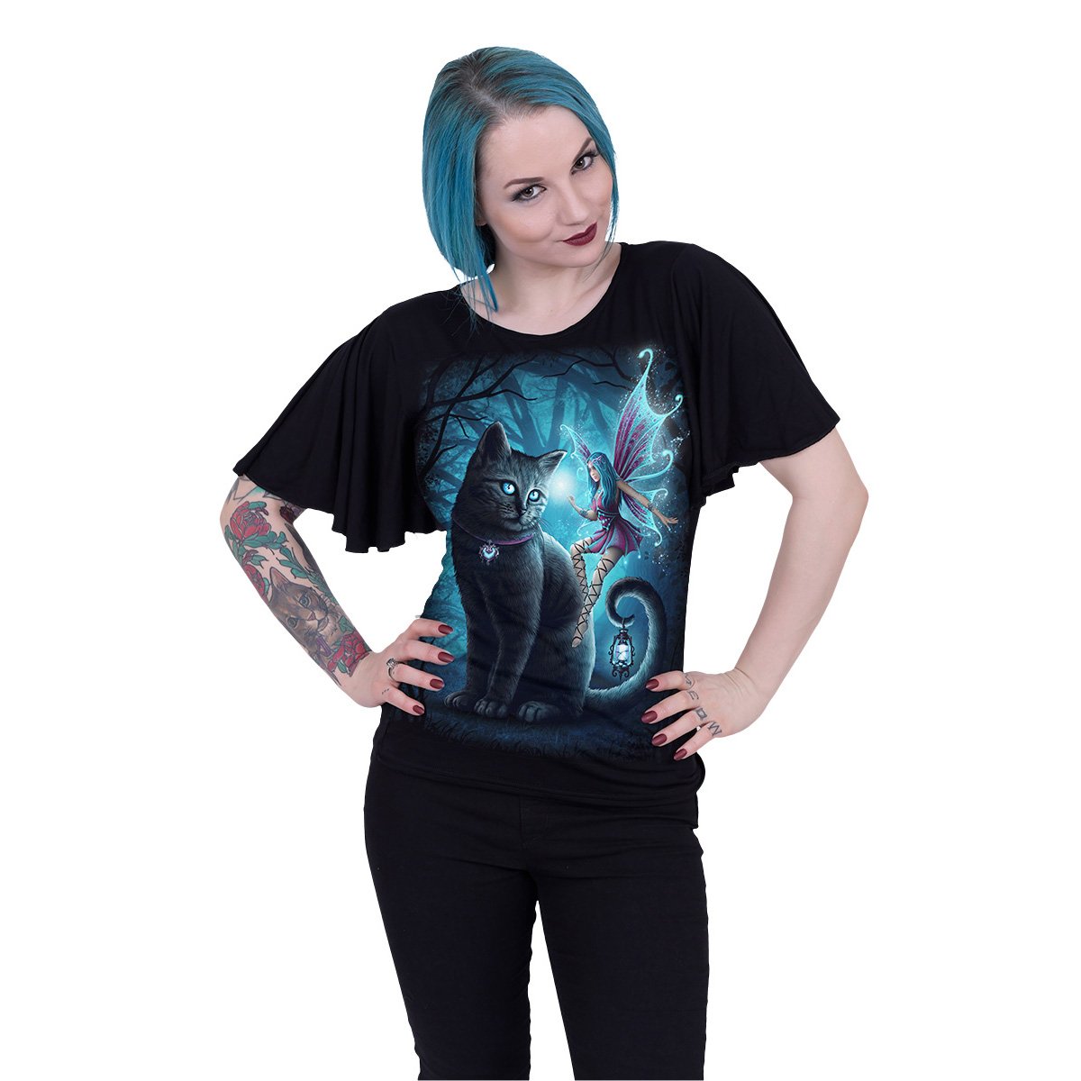 Male model wearing Cat And Fairy gothic Boat Neck Bat Sleeve Top in Black by Spiral Clothing