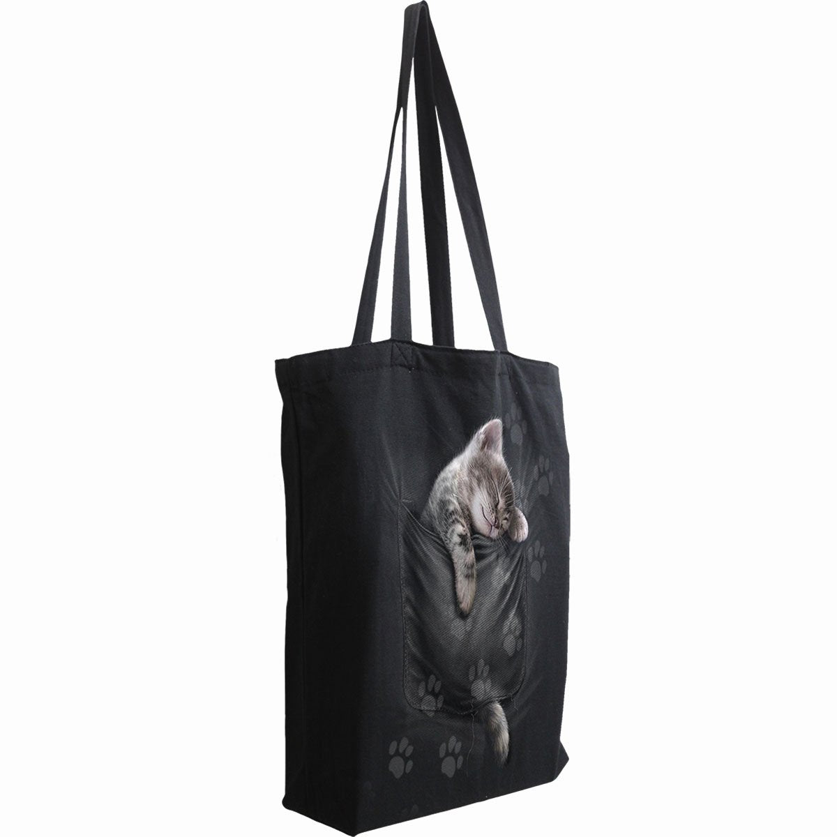 Pocket Kitten gothic  Bag 4 Life - Canvas 80z Long Handle Tote Bag in Black by Spiral Clothing 