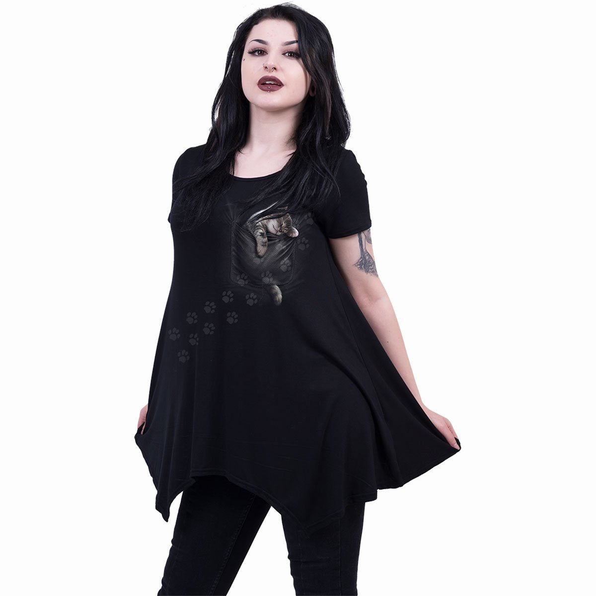 Male model wearing Pocket Kitten gothic Smock - Tunic Casual Top in Black by Spiral Clothing