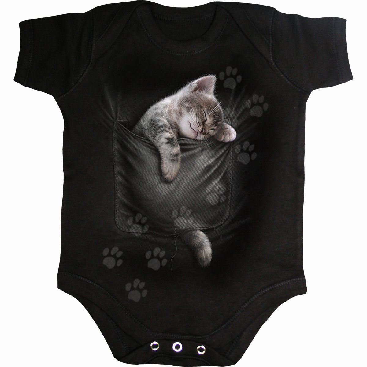 Pocket Kitten gothic Baby Sleepsuit in Black by Spiral Clothing - Front view