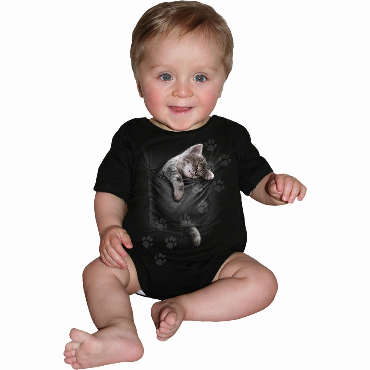 Pocket Kitten gothic Baby Sleepsuit in Black by Spiral Clothing worn by a baby