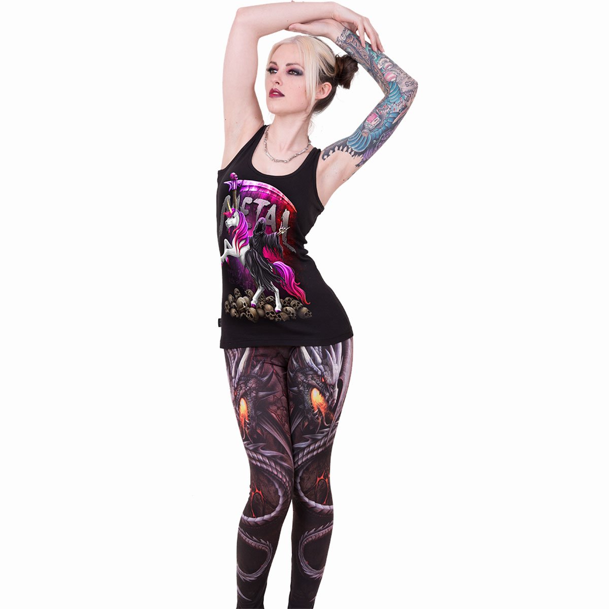 Metallicorn gothic Razor Back Top in Black by Spiral Clothing worn by a women