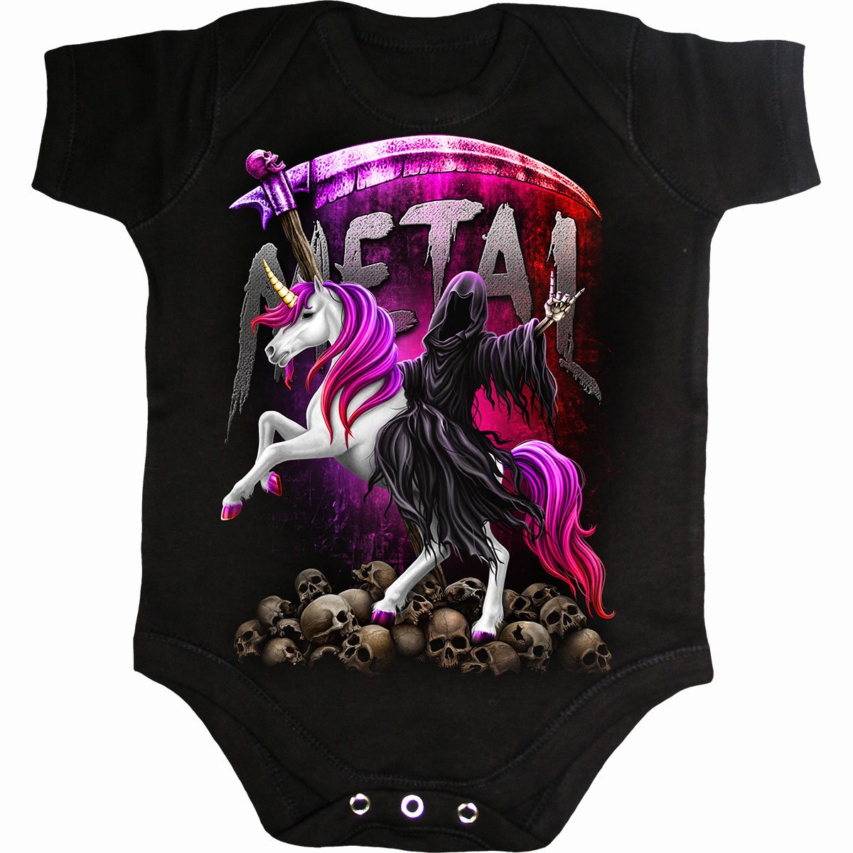 Metallicorn gothic Baby Sleepsuit in Black by Spiral Clothing 