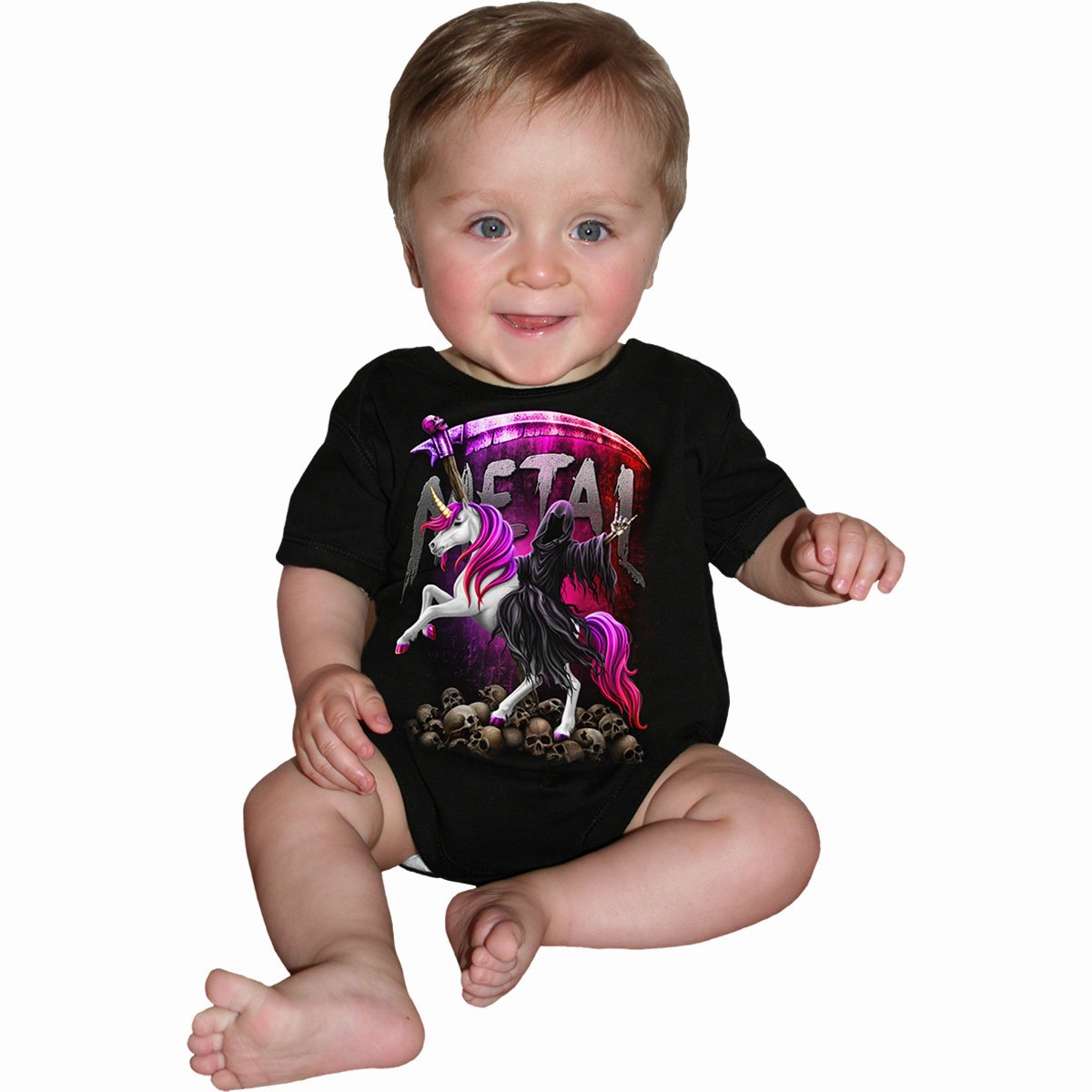 Metallicorn gothic Baby Sleepsuit in Black by Spiral Clothing 