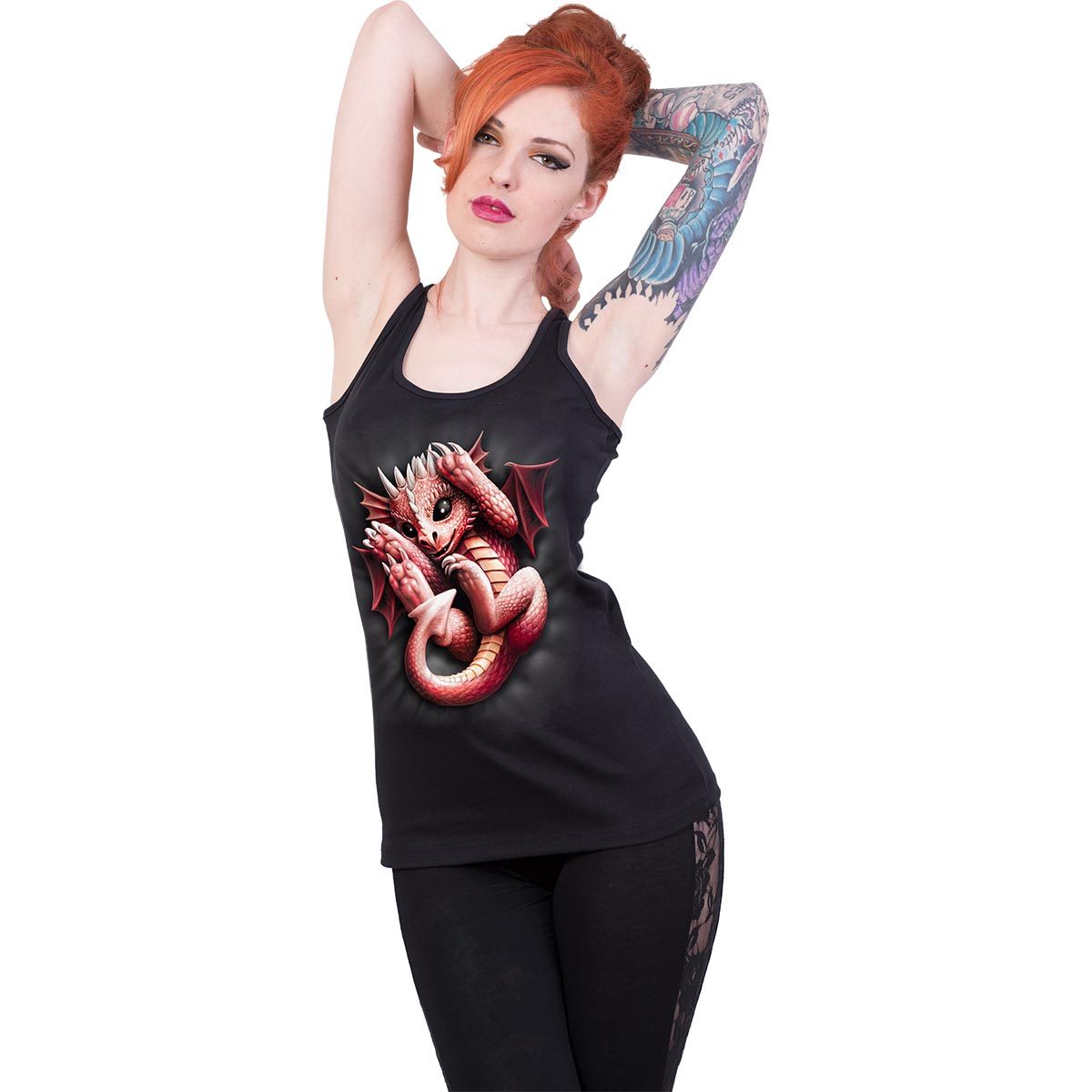 Male model wearing Whelp gothic Razor Back Top in Black by Spiral Clothing