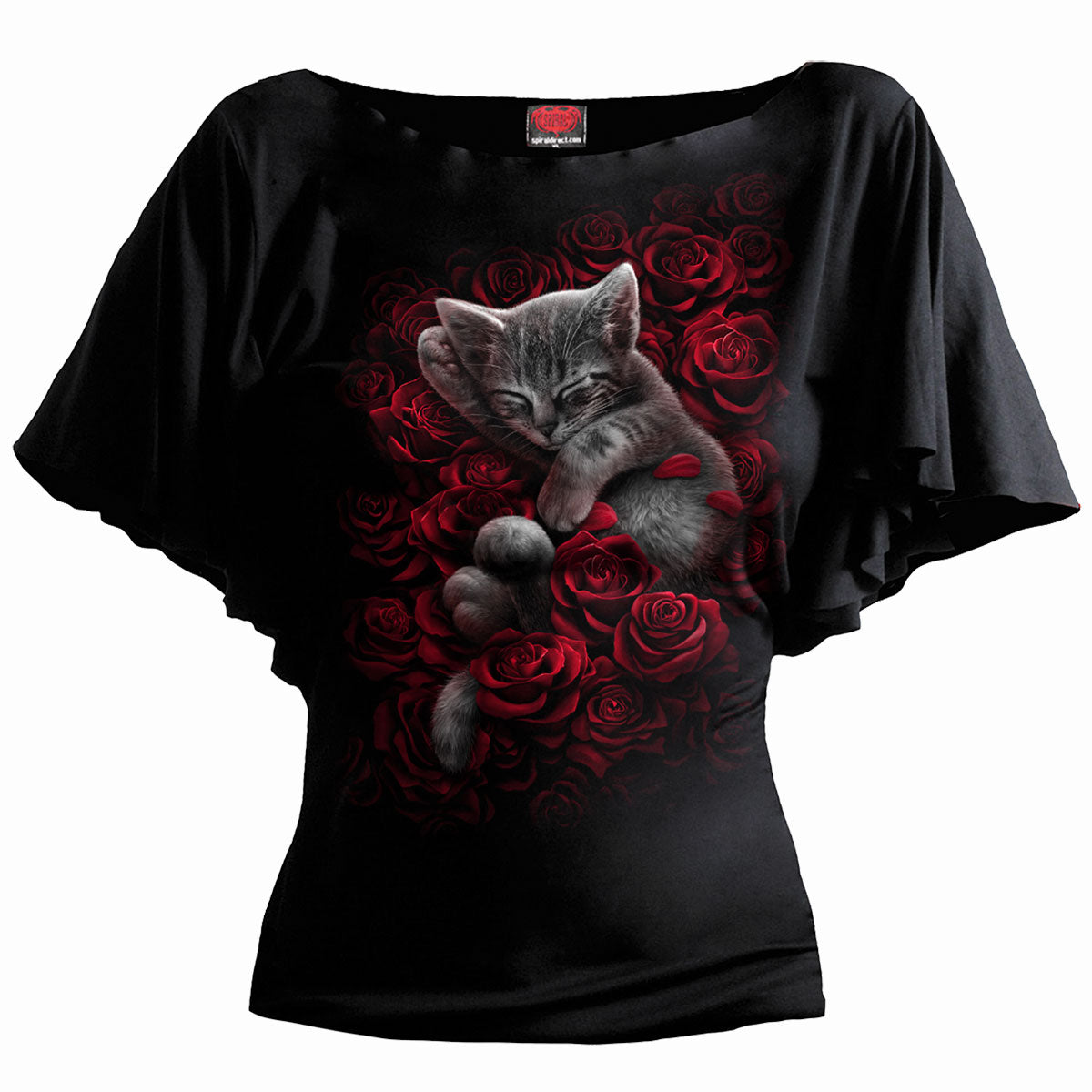 Bed Of Roses gothic Boat Neck Bat Sleeve Top in Black by Spiral Clothing - Front view