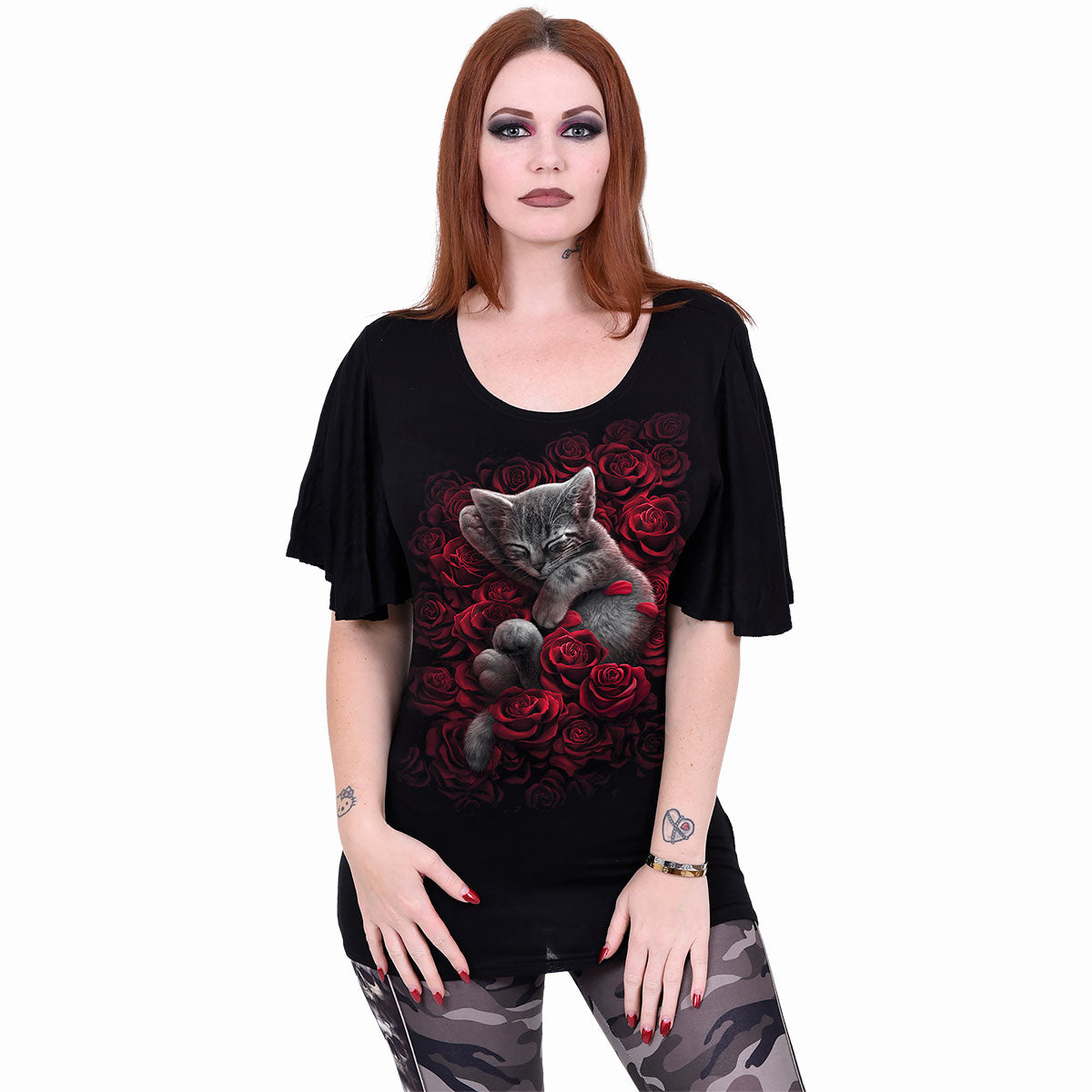 Bed Of Roses gothic Boat Neck Bat Sleeve Top in Black by Spiral Clothing worn by a women