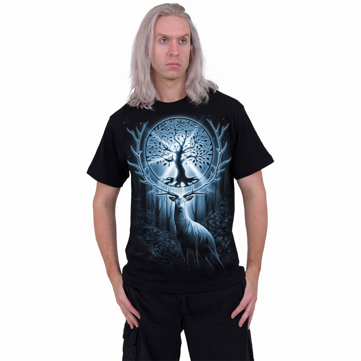 Male model wearing Tree Of Life gothic Front Print T-Shirt in Black by Spiral Clothing