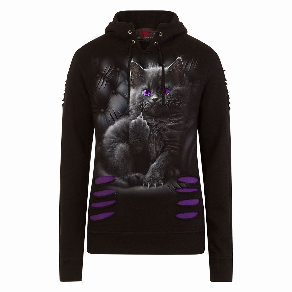 Cattitude gothic Large Hood Ripped Hoody in Purple/Black by Spiral Clothing - Front view