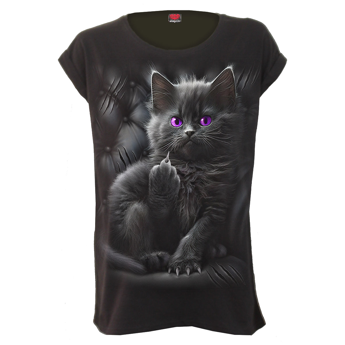 Cattitude gothic Turnup Sleeve Loosefit Tee in Black by Spiral Clothing - Front view