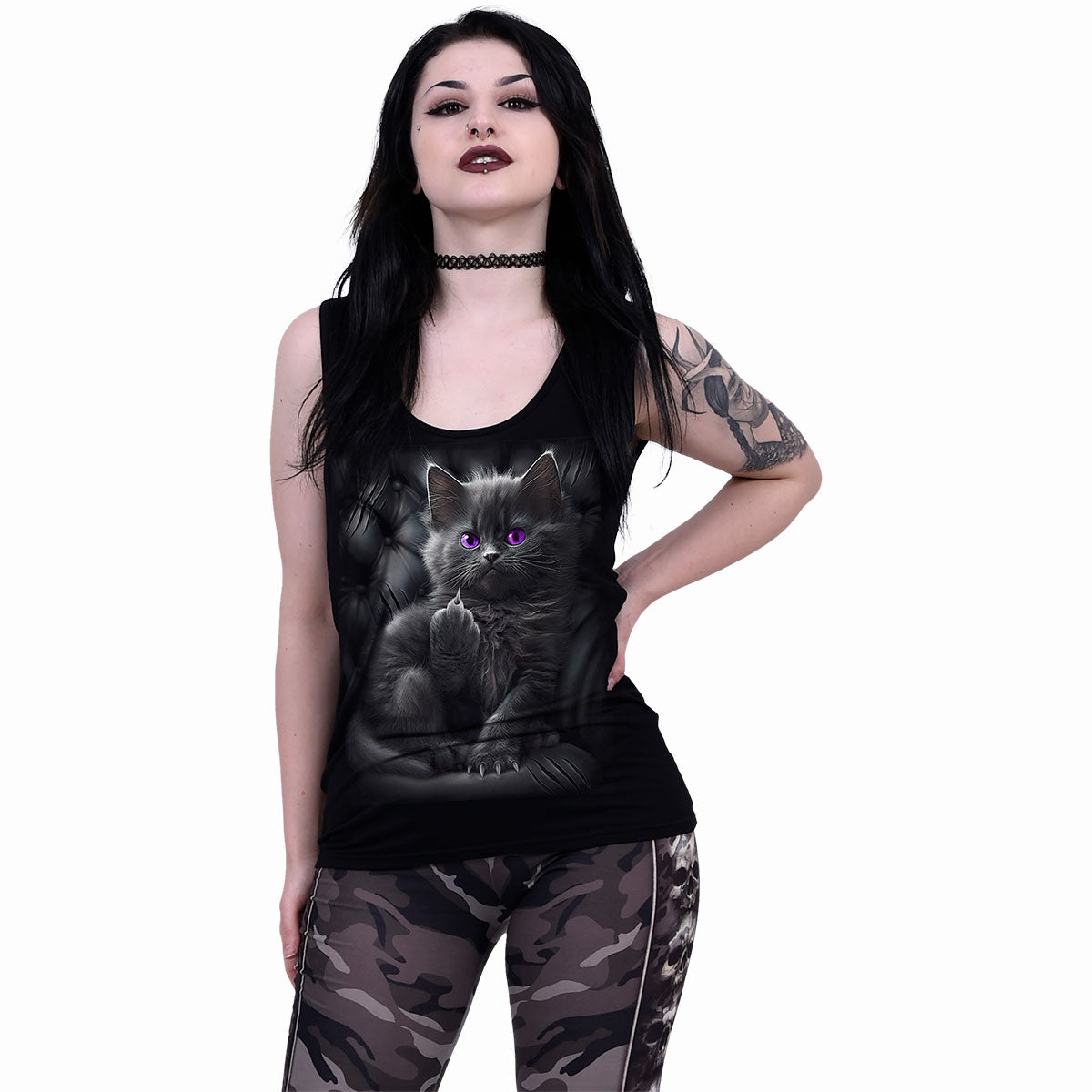 Cattitude gothic Razor Back Top in Black by Spiral Clothing worn by a women