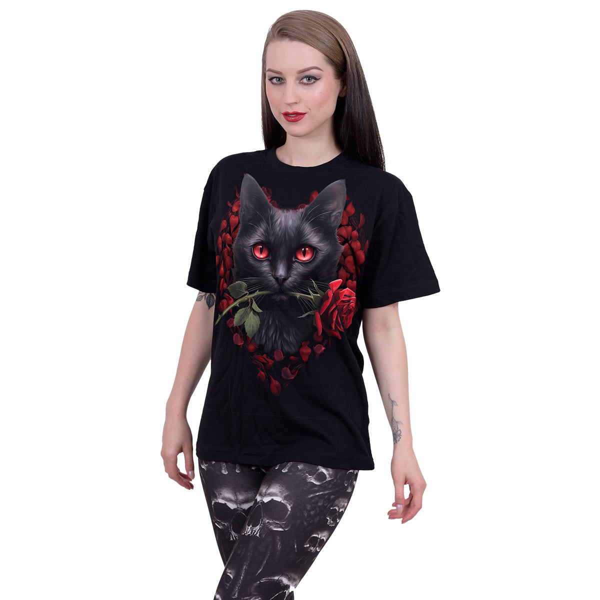 Male model wearing Cat's Love gothic Front Print T-Shirt in Black by Spiral Clothing