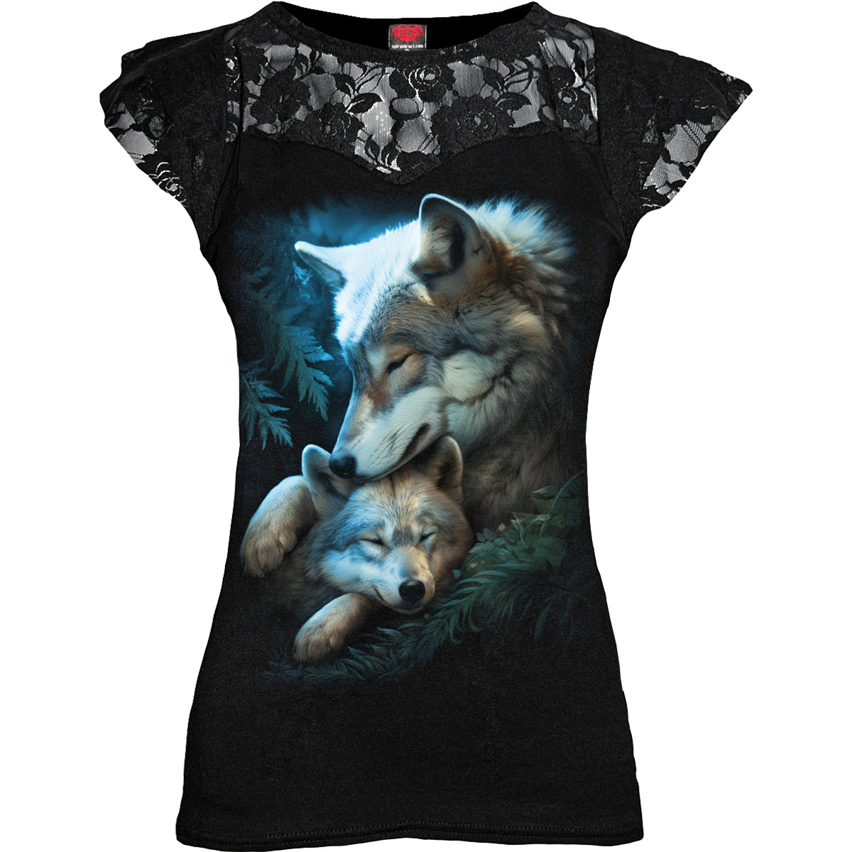 Mother's Love gothic Women's Lace Layered Cap Sleeve Top in Black by Spiral Clothing - Front view