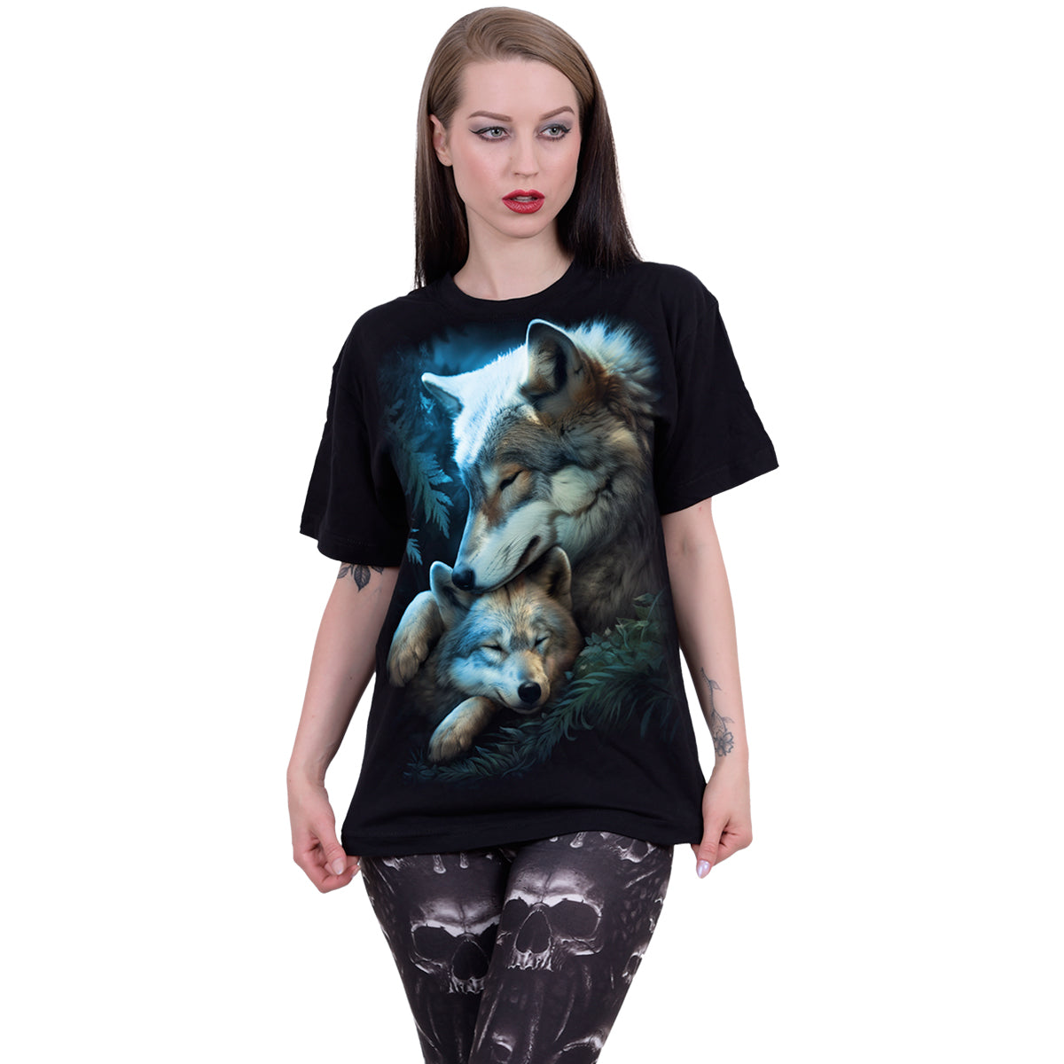 Male model wearing Mother's Love gothic Front Print T-Shirt in Black by Spiral Clothing