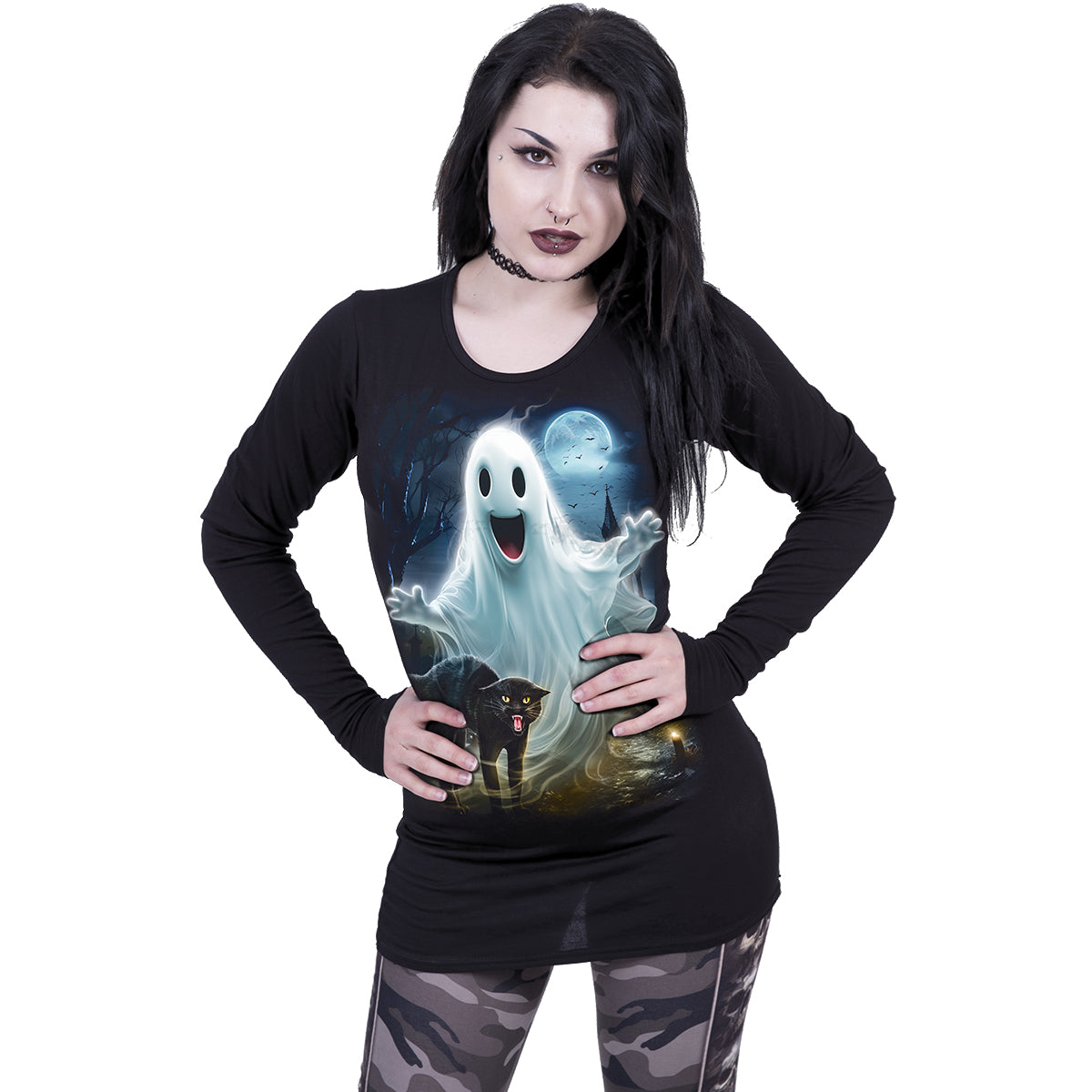 Female model wearing High Spirits gothic  Baggy Top in Black by Spiral Clothing