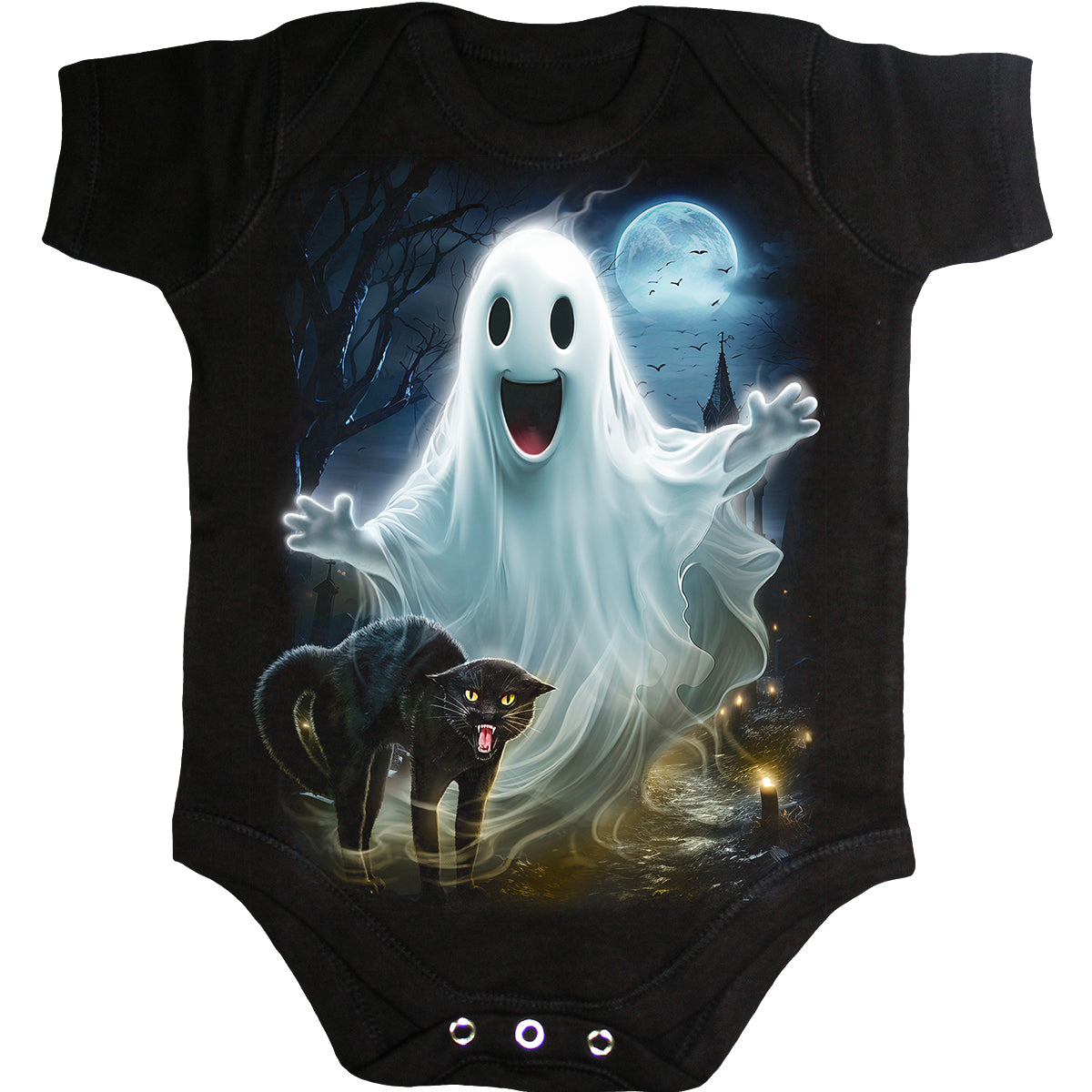 High Spirits gothic Kids Baby Sleepsuit in Black by Spiral Clothing - Front view