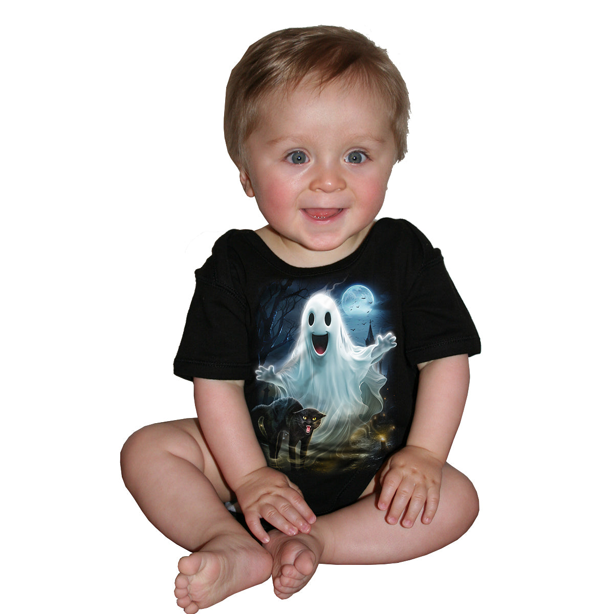 High Spirits gothic  Baby Sleepsuit in Black by Spiral Clothing worn by a baby