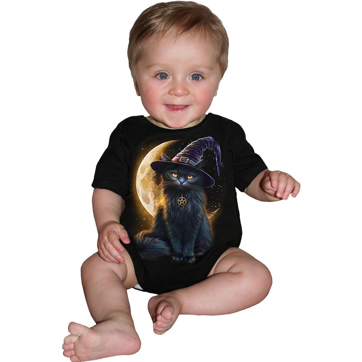 Familiar Magic gothic  Baby Sleepsuit in Black by Spiral Clothing worn by a baby