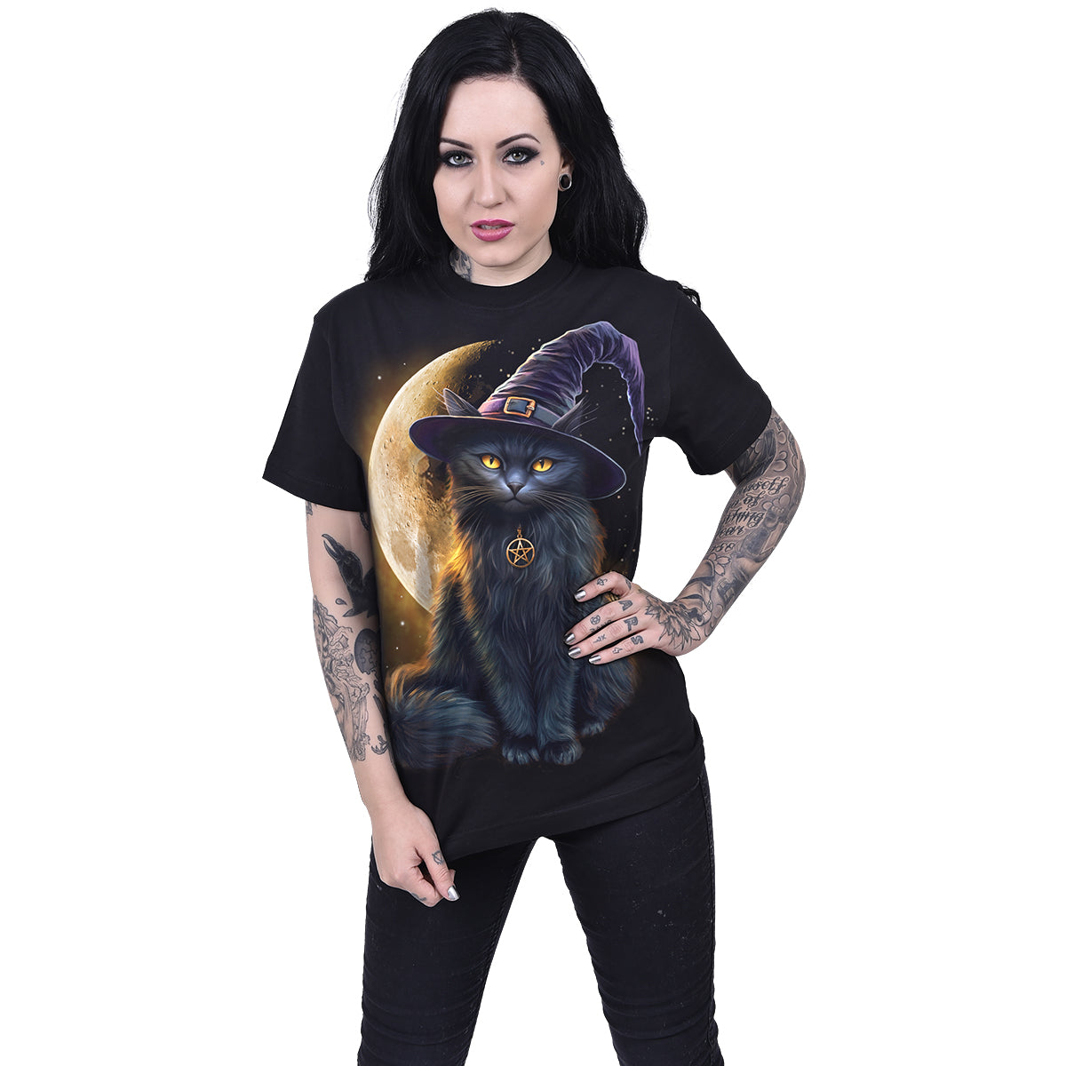 Familiar Magic gothic  Front Print T-Shirt in Black by Spiral Clothing worn by a women