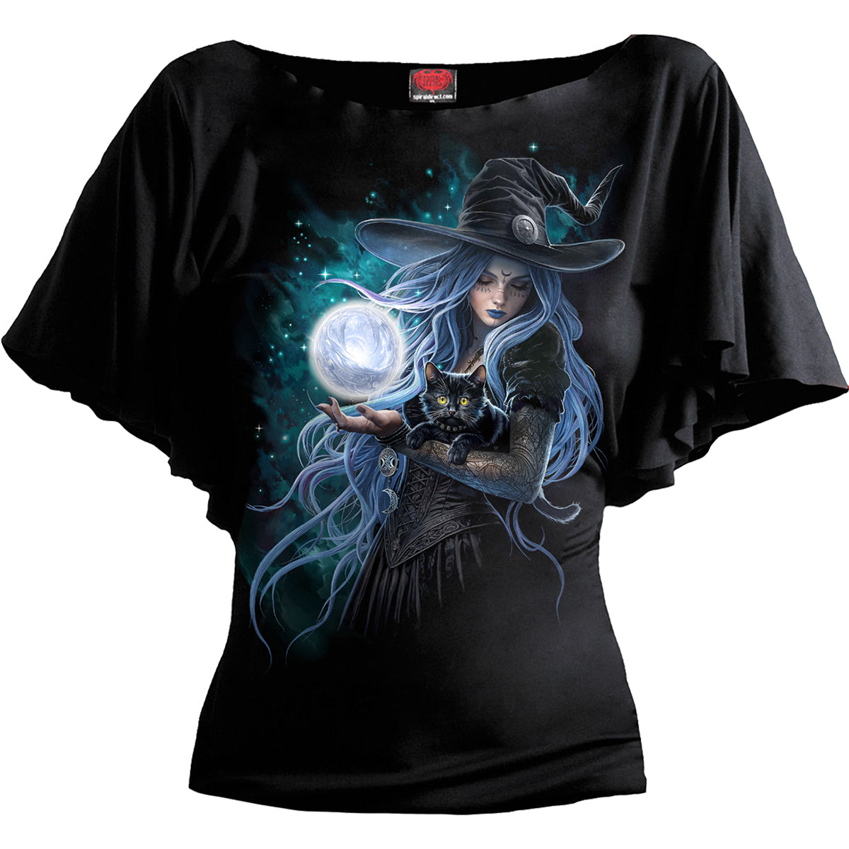 Mystic Moon gothic Women's Boat Neck Bat Sleeve Top in Black by Spiral Clothing - Front view