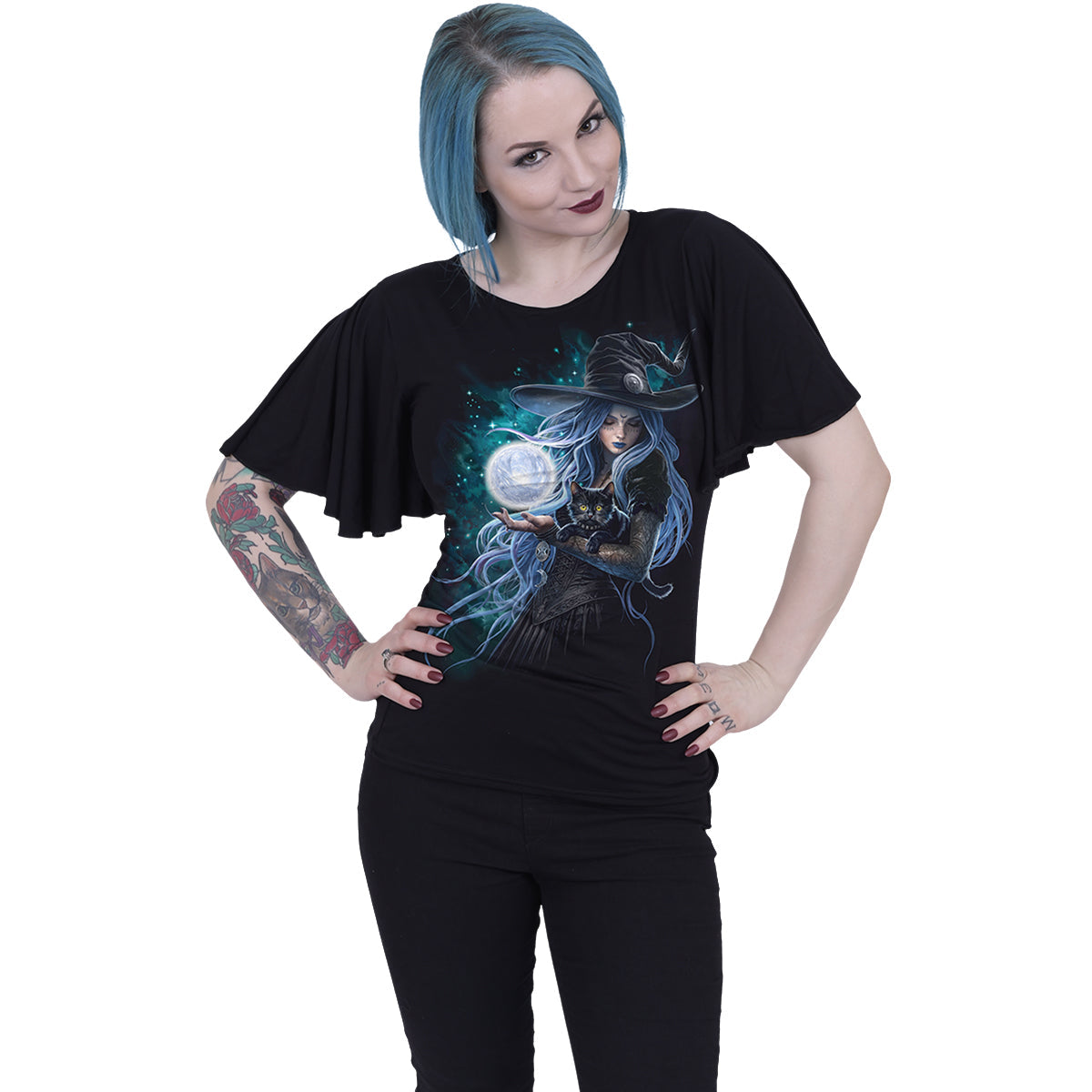Mystic Moon gothic  Boat Neck Bat Sleeve Top in Black by Spiral Clothing worn by a women
