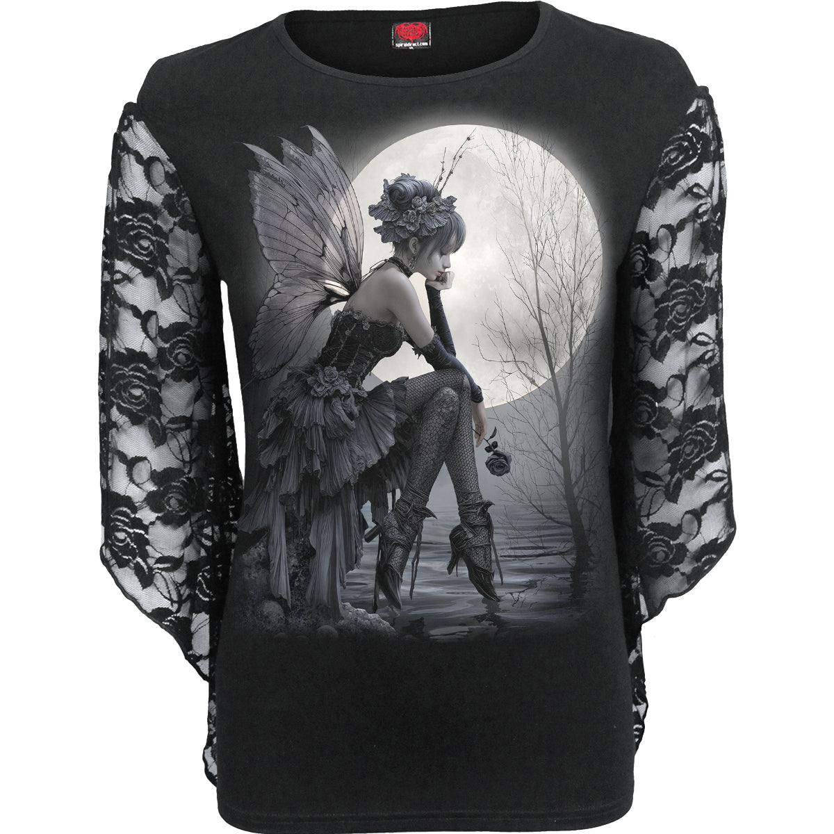 Reflections gothic Women's Rose Lace Sleeve Top in Black by Spiral Clothing - Front view