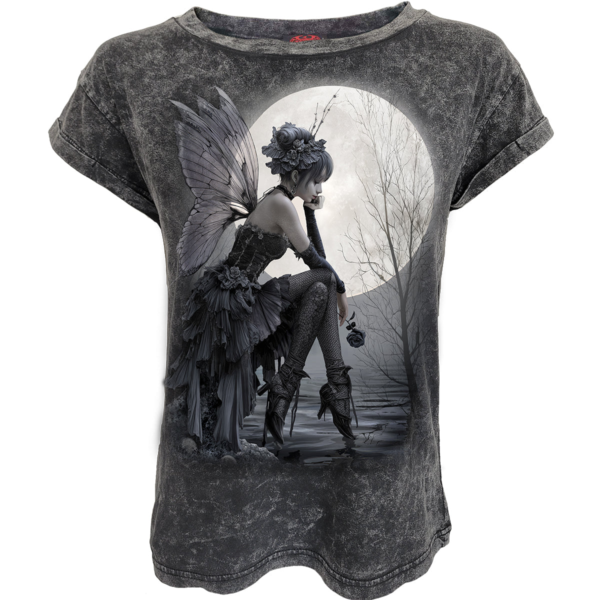 Reflections gothic Women's Acid Wash Turnup Sleeve in Black by Spiral Clothing - Front view