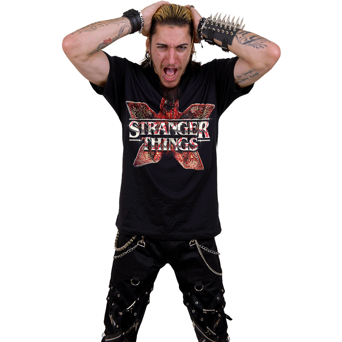 Male model wearing Demogorgan Logo gothic  Front Print T-Shirt in Black by Spiral Clothing