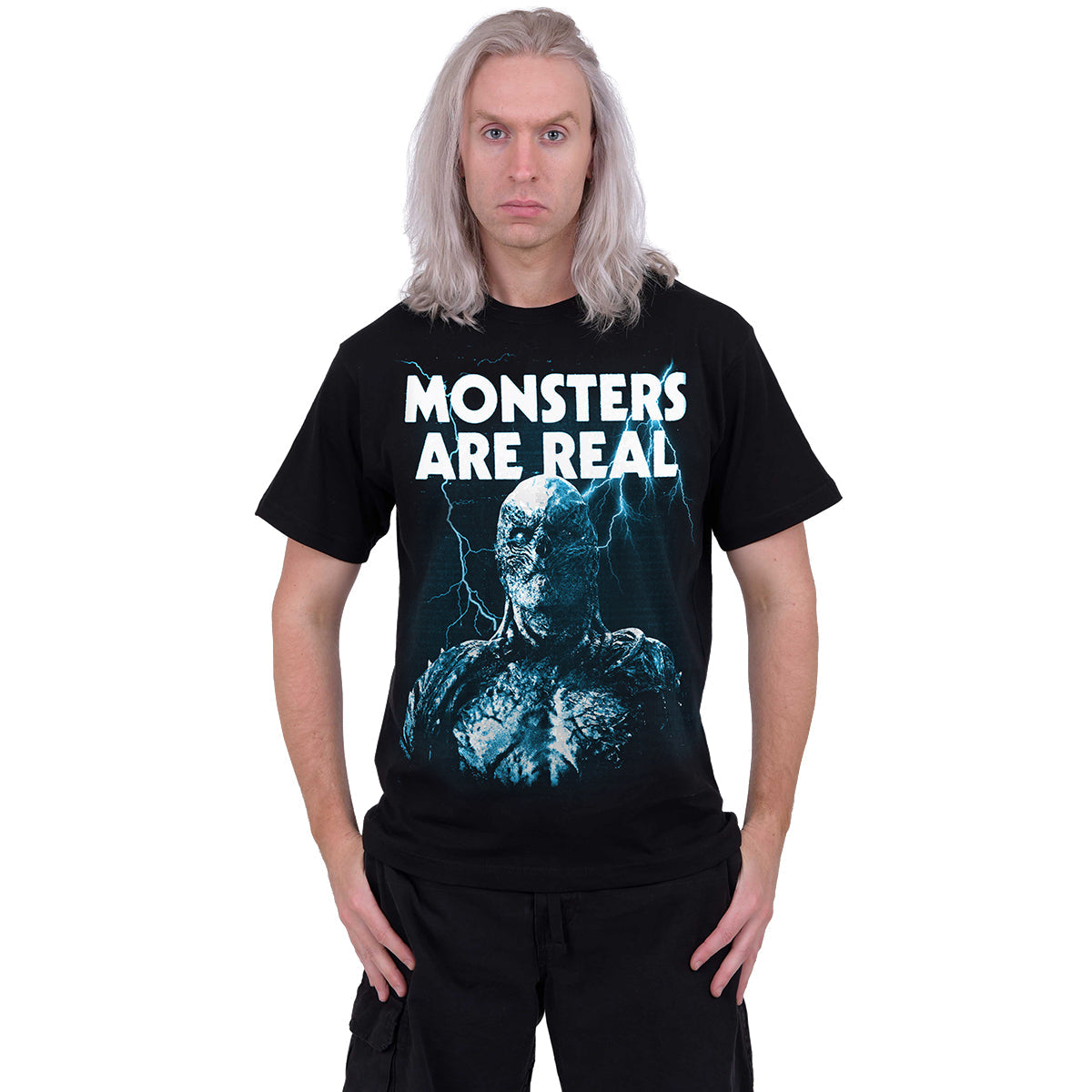 Male model wearing Monsters Are Real gothic  Front Print T-Shirt in Black by Spiral Clothing