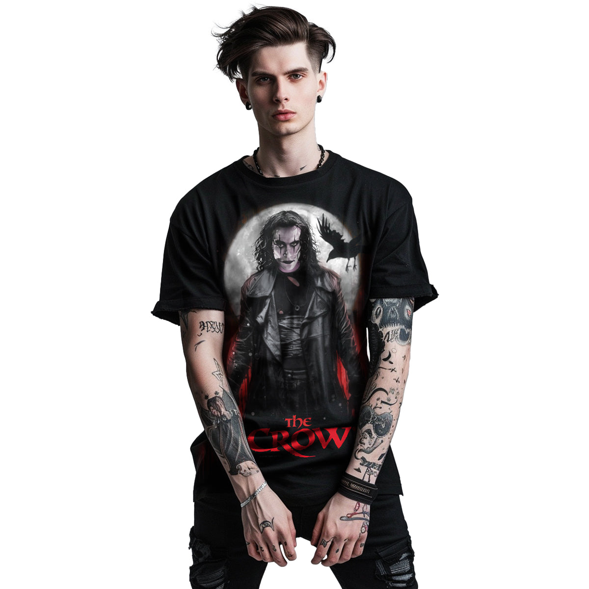 Male model wearing The Crow - Blood Moon gothic  Front Print T-Shirt in Black by Spiral Clothing