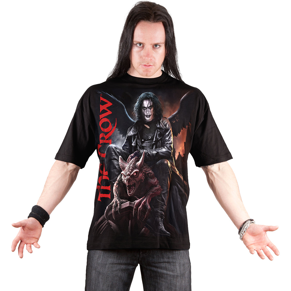 Male model wearing The Crow - Gargoyle gothic Front Print T-Shirt in Black by Spiral Clothing