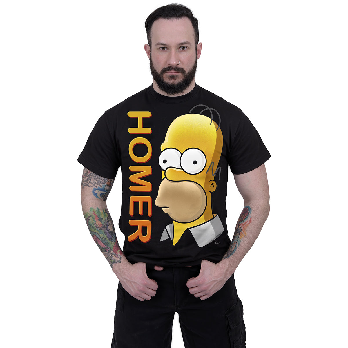 Male model wearing The Simpsons - Homer Portrait gothic  Front Print T-Shirt in Black by Spiral Clothing