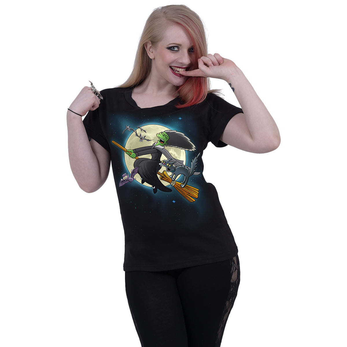 Male model wearing The Simpsons - Marge Witch gothic Boat Neck Cap Sleeve Top in Black by Spiral Clothing