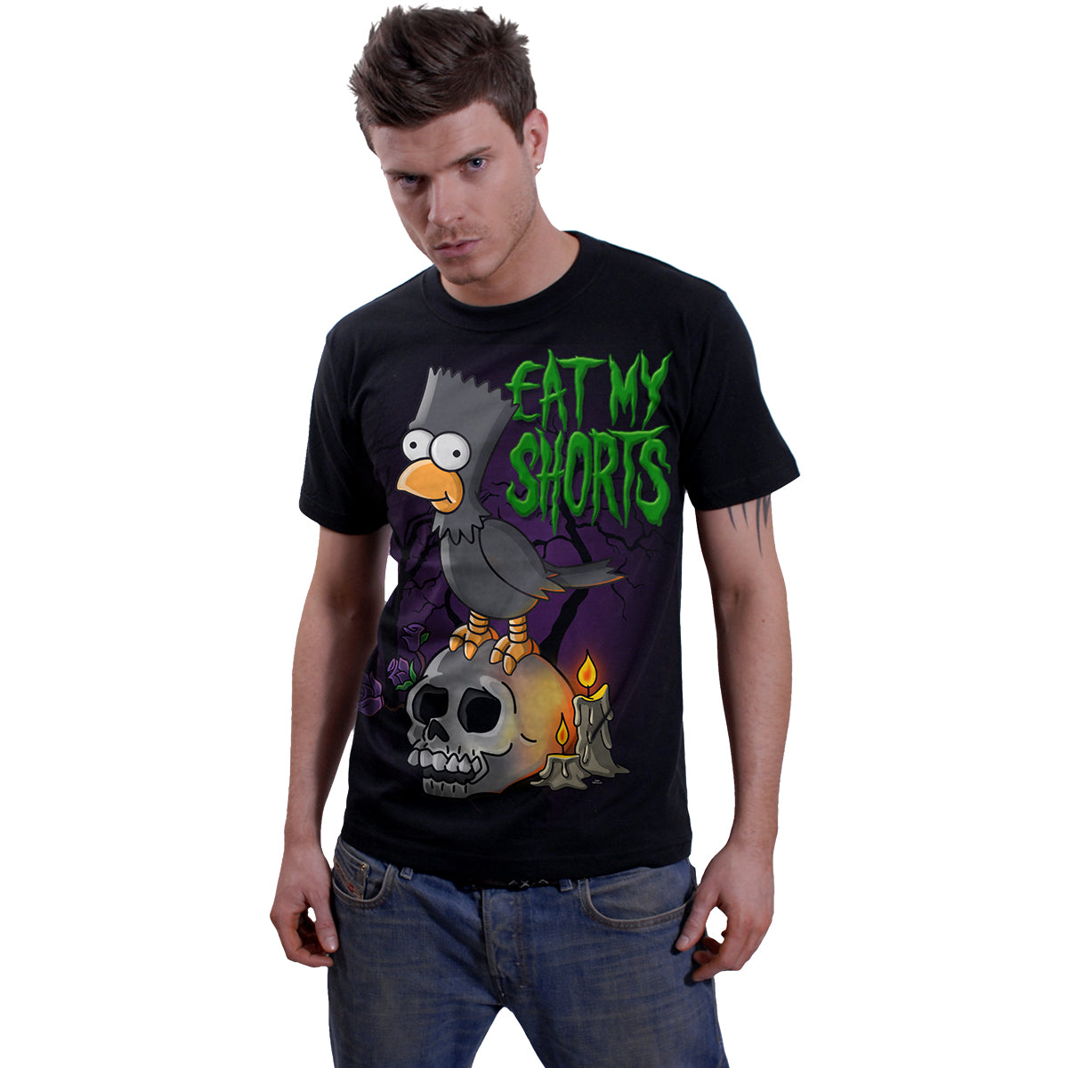 Male model wearing The Simpsons - Bart Raven gothic  Front Print T-Shirt in Black by Spiral Clothing