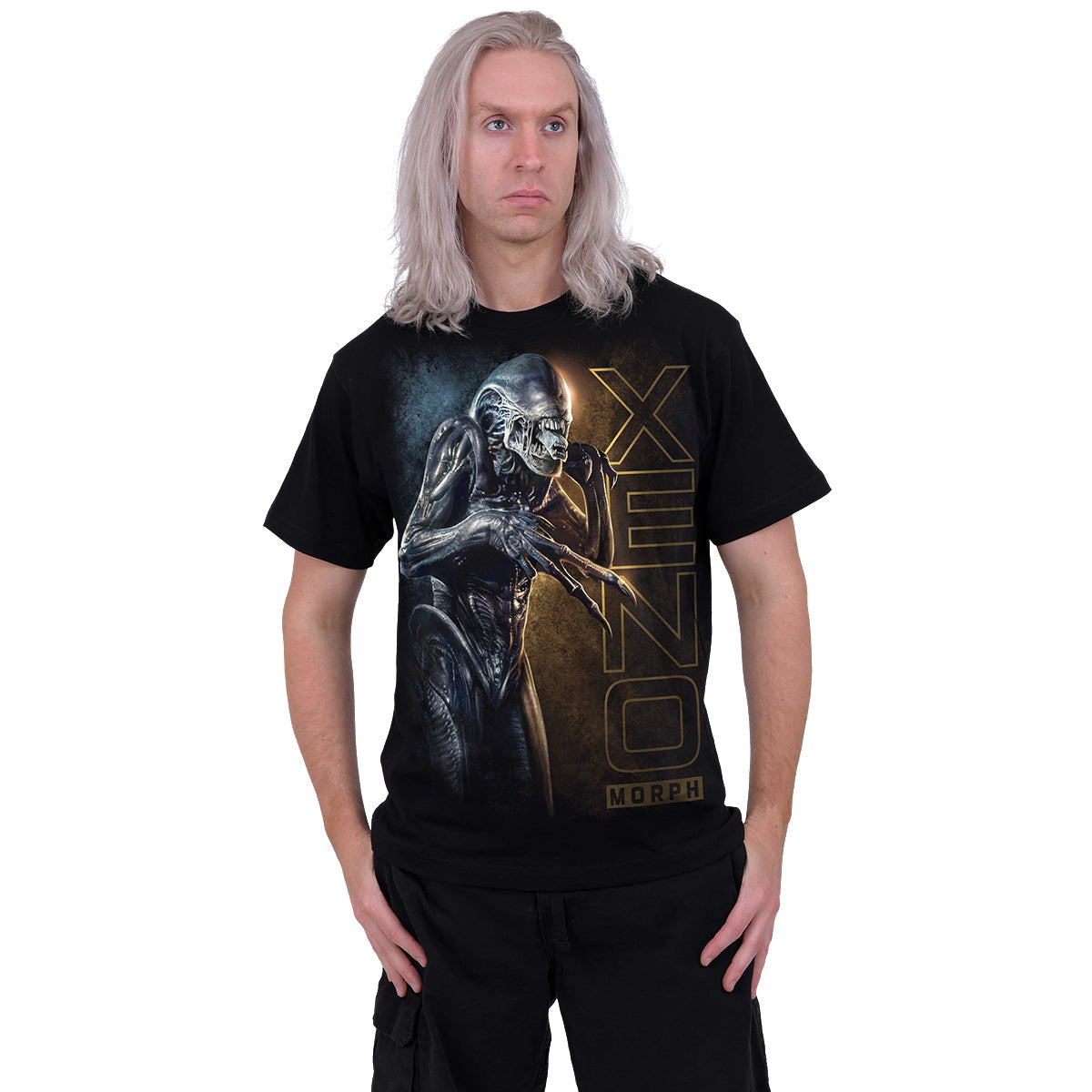 Male model wearing Alien Xeno Portrait gothic  Front Print T-Shirt in Black by Spiral Clothing