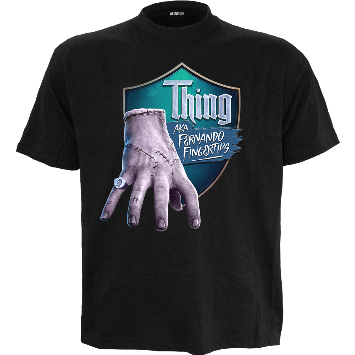 Thing - 'Fernando Fingertips' gothic Men's Front Print T-Shirt in Black by Spiral Clothing - Front view