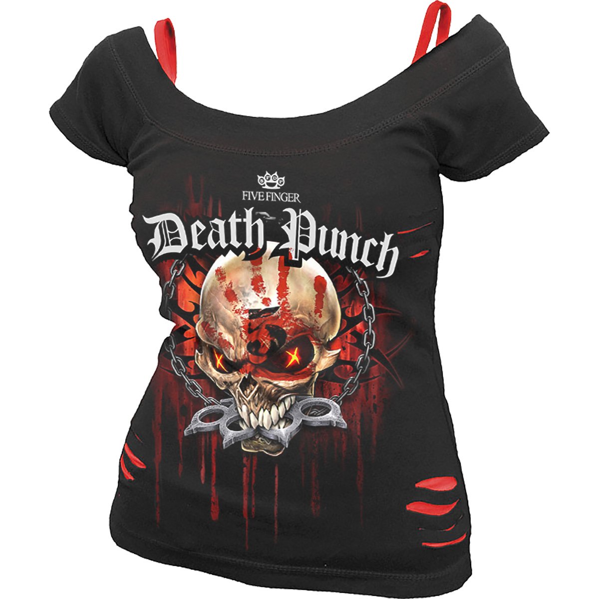 5FDP - Assassin gothic Women's 2in1 Red Ripped Top in Red/Black by Spiral Clothing - Front view