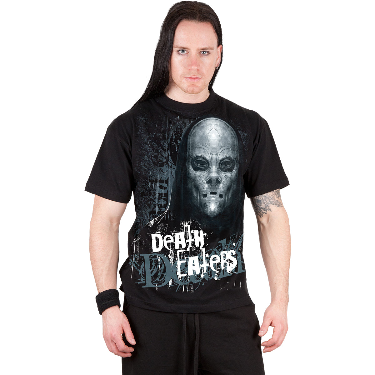 Male model wearing Death Eaters gothic  Front Print T-Shirt in Black by Spiral Clothing