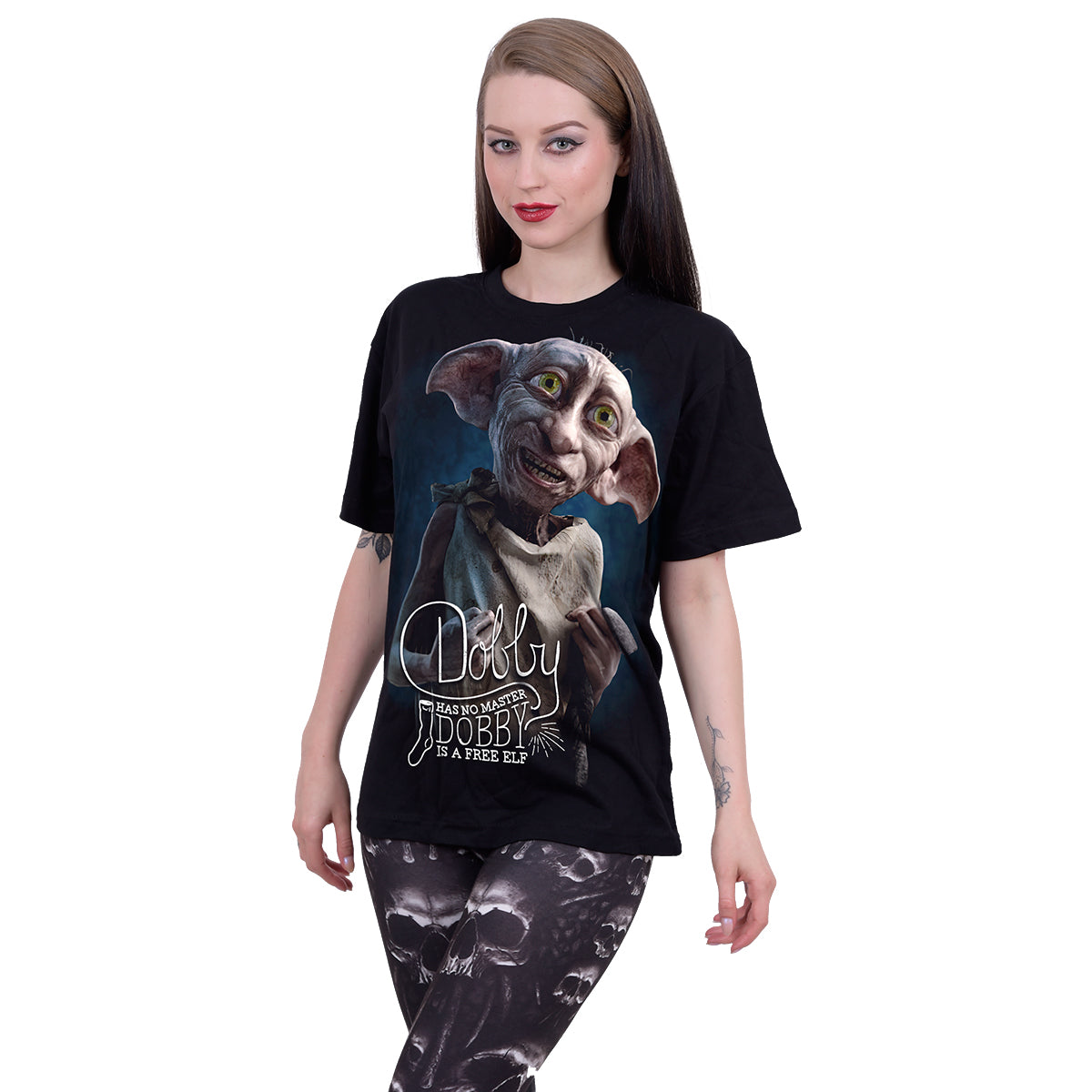 Dobby gothic  Front Print T-Shirt in Black by Spiral Clothing worn by a women