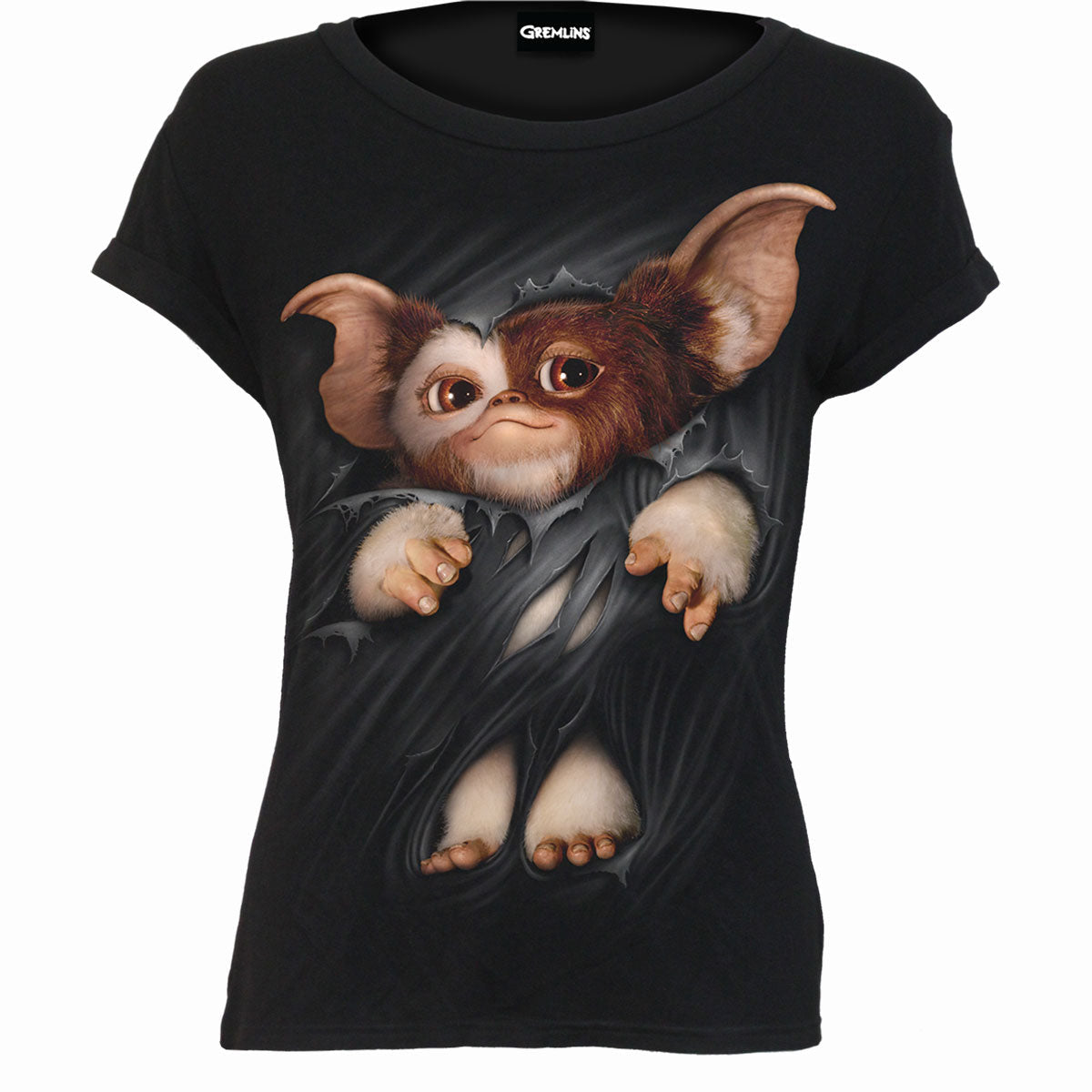 Gremlins - Gizmo gothic Boat Neck Bat Sleeve Top in Black by Spiral Clothing - Front view