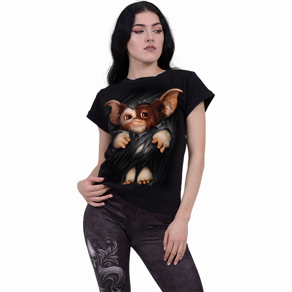 Gremlins - Gizmo gothic Boat Neck Bat Sleeve Top in Black by Spiral Clothing worn by a women