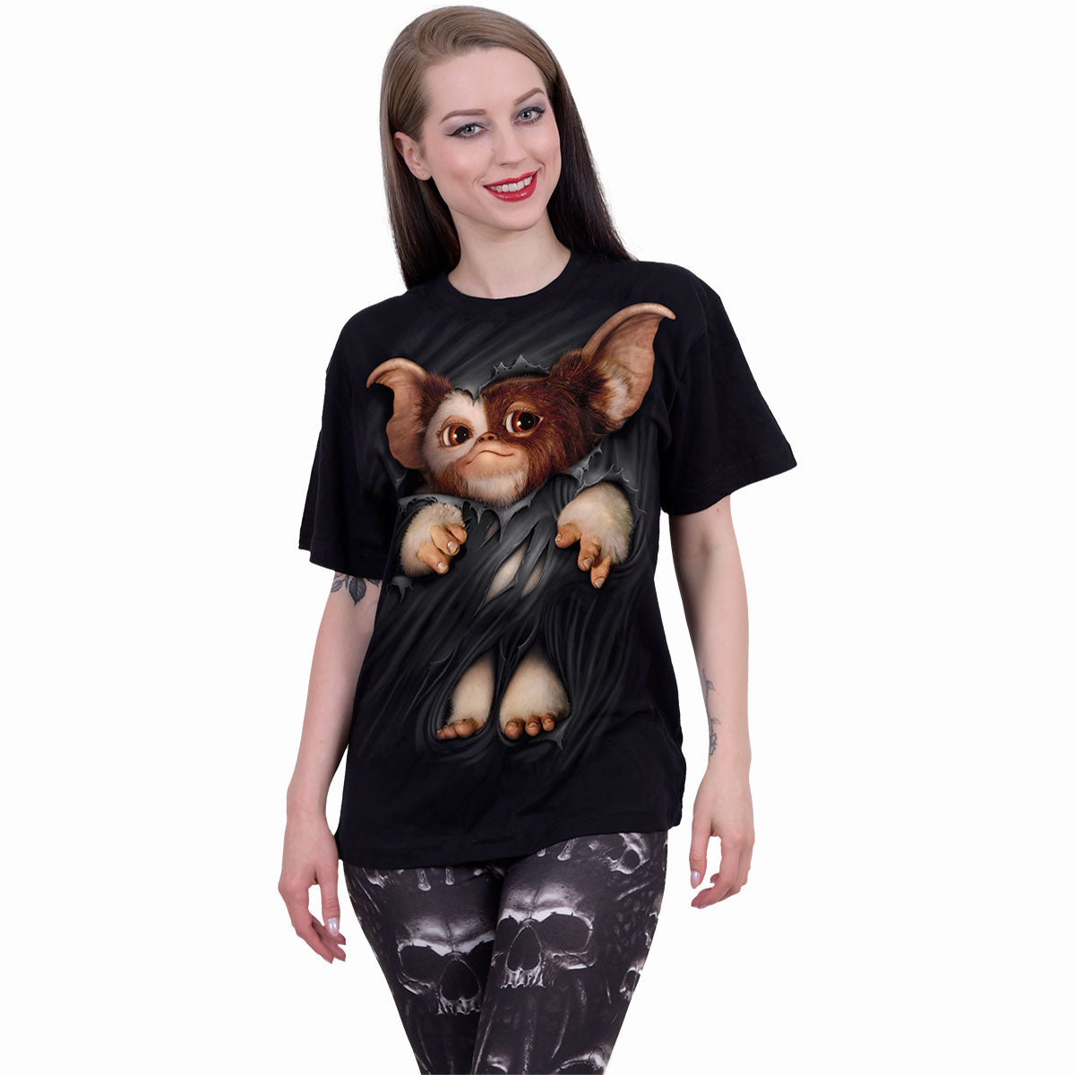 Male model wearing Gremlins - Gizmo gothic Front Print T-Shirt in Black by Spiral Clothing