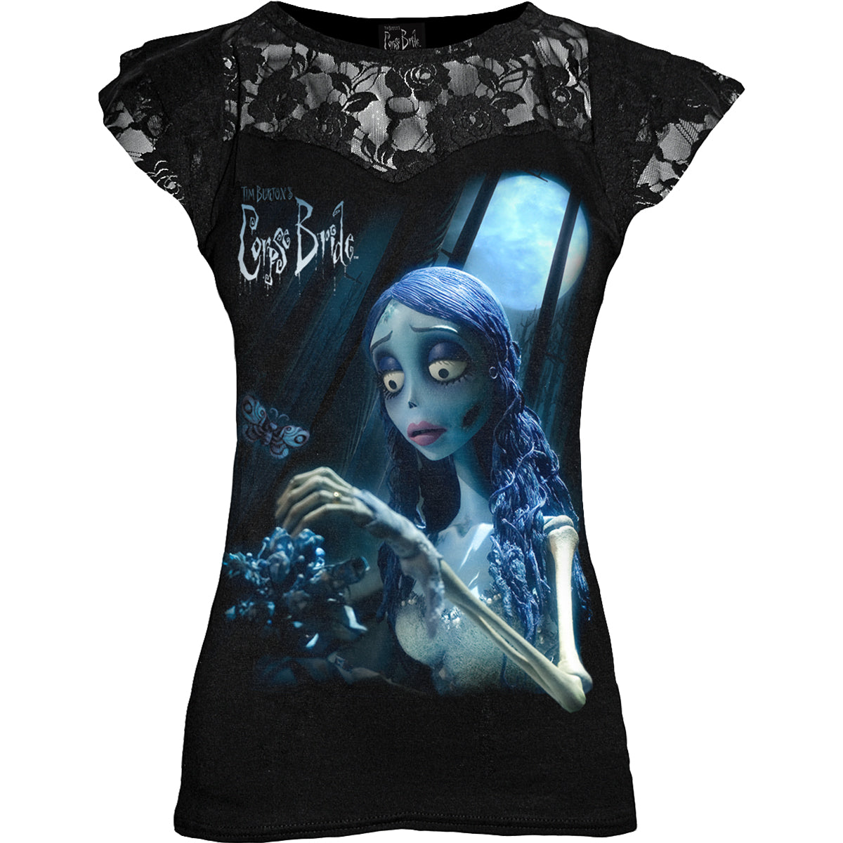 Corpse Bride - Glow In The Dark gothic Women's Lace Layered Cap Sleeve Top in Black by Spiral Clothing 