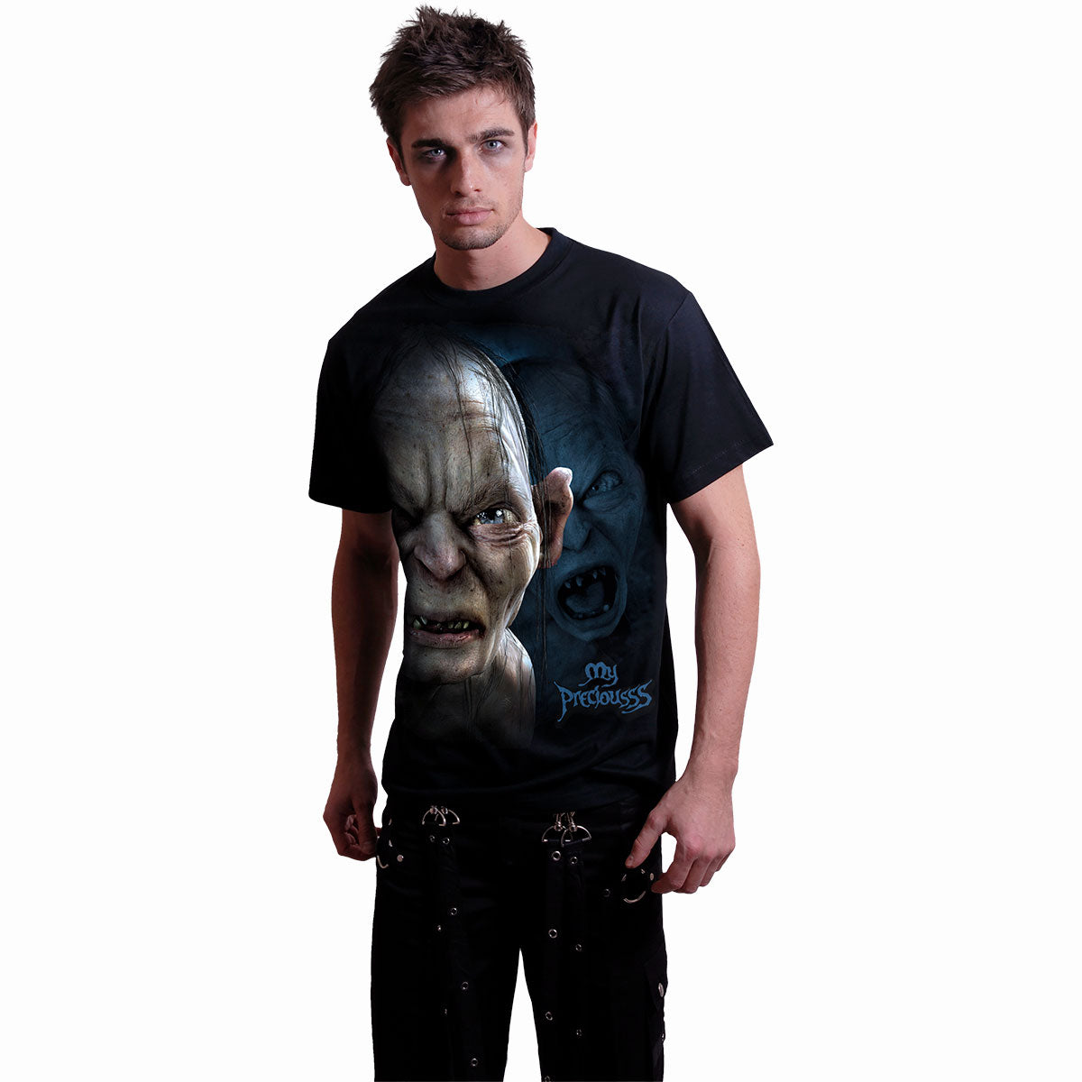 Male model wearing LOTR - Gollum - My Preciousss gothic  Front Print T-Shirt in Black by Spiral Clothing