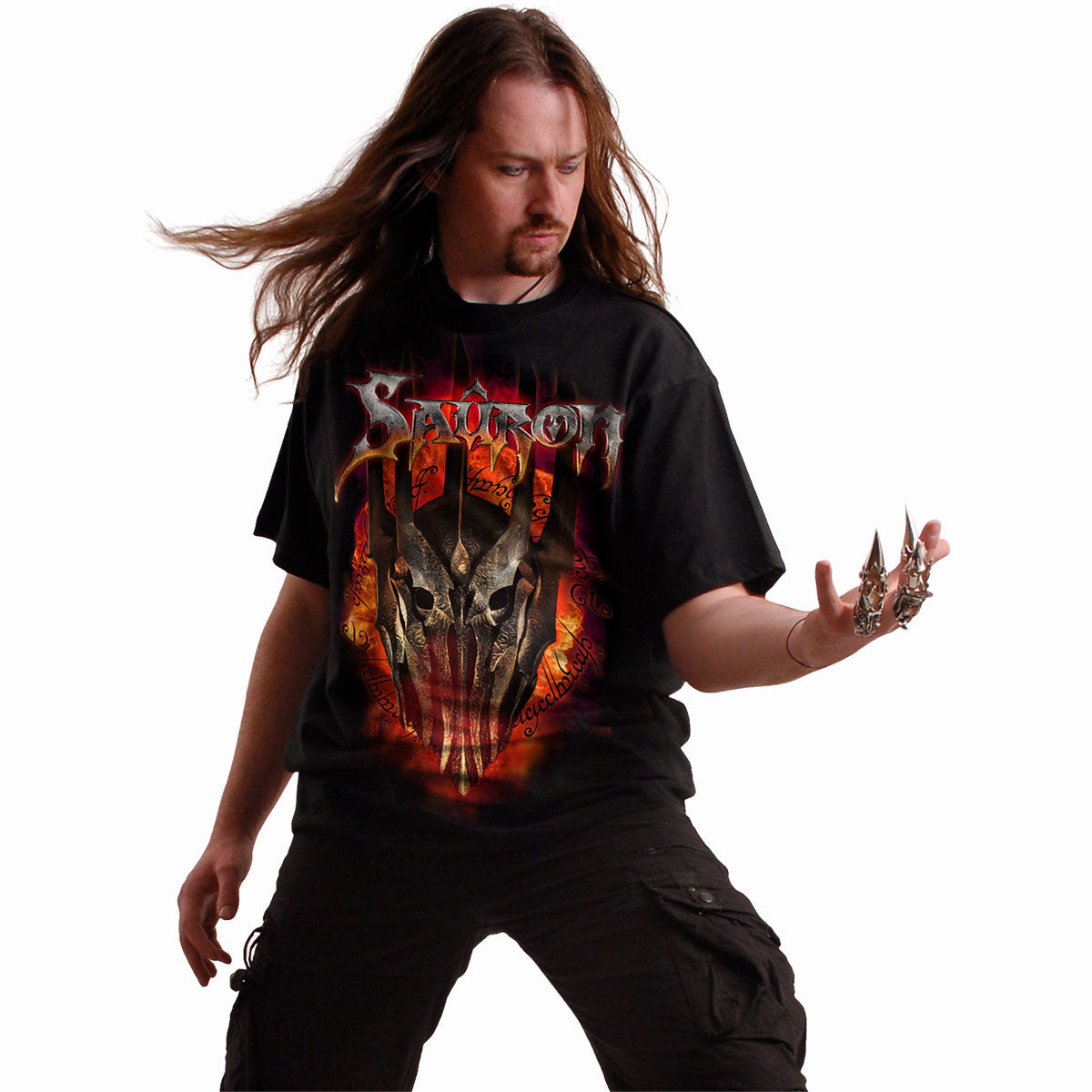 Male model wearing LOTR - Sauron - Metal Tee gothic Front Print T-Shirt in Black by Spiral Clothing